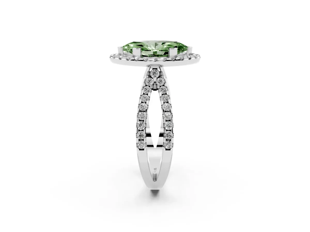 Fancy Green Marquise Cut Diamond Halo Ring with Split Shank Pavé Band and Prong Setting Silver
