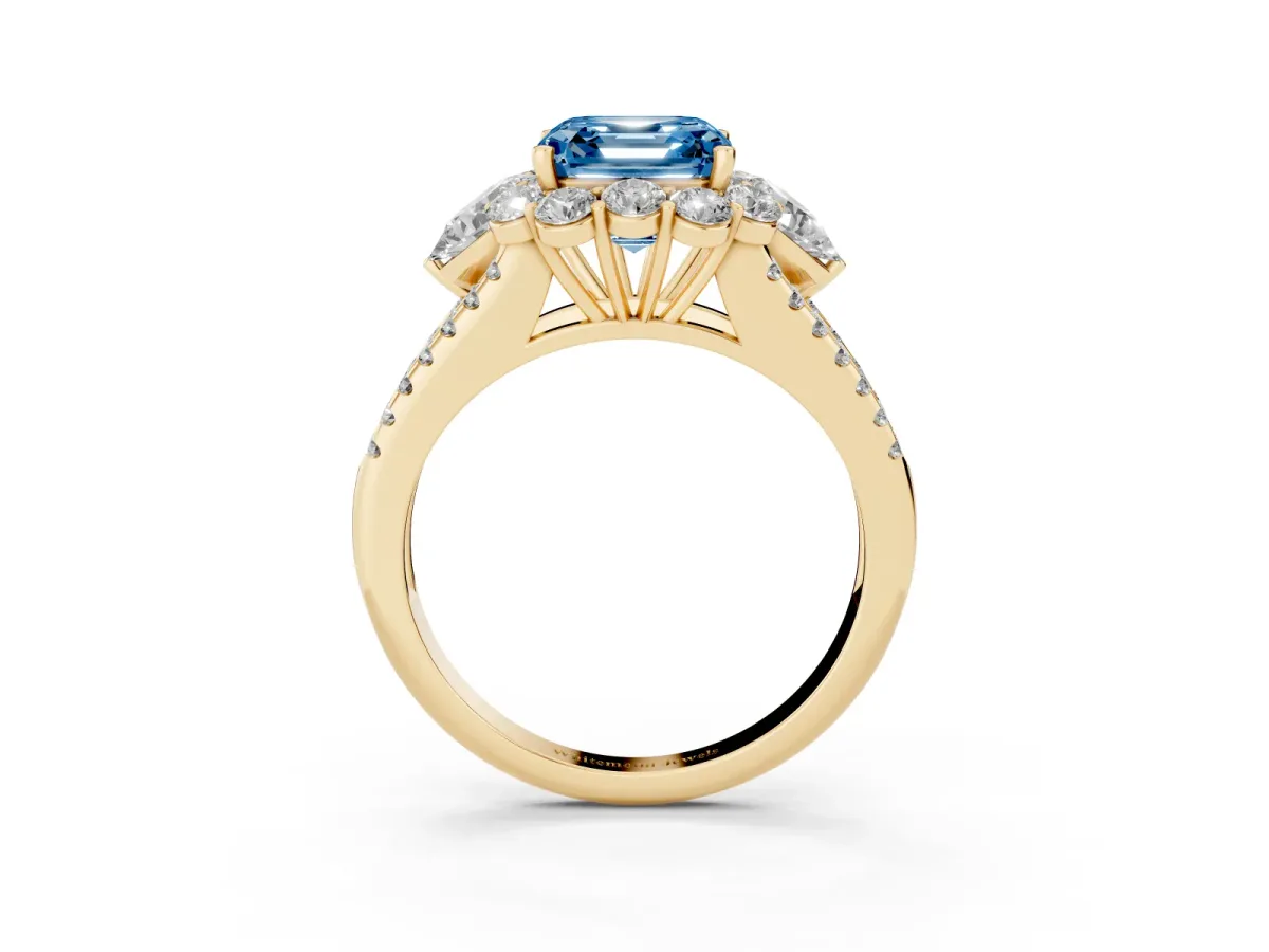Fancy Blue Asscher Cut Halo Split Shank Diamond Engagement Ring with Prong Setting Yellow gold