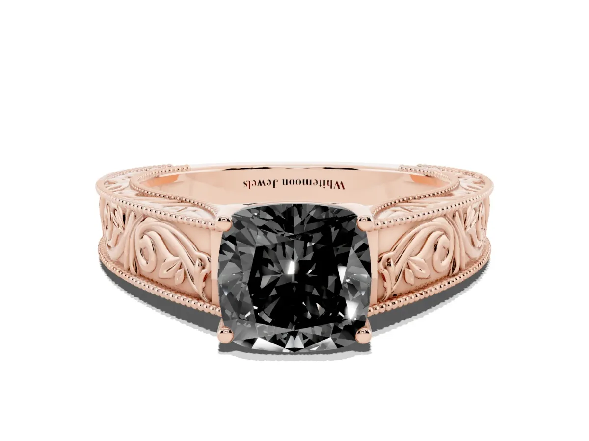 Fancy Black Cushion Cut Diamond Solitaire Ring with Engraved Band and Four-Prong Setting Rose gold