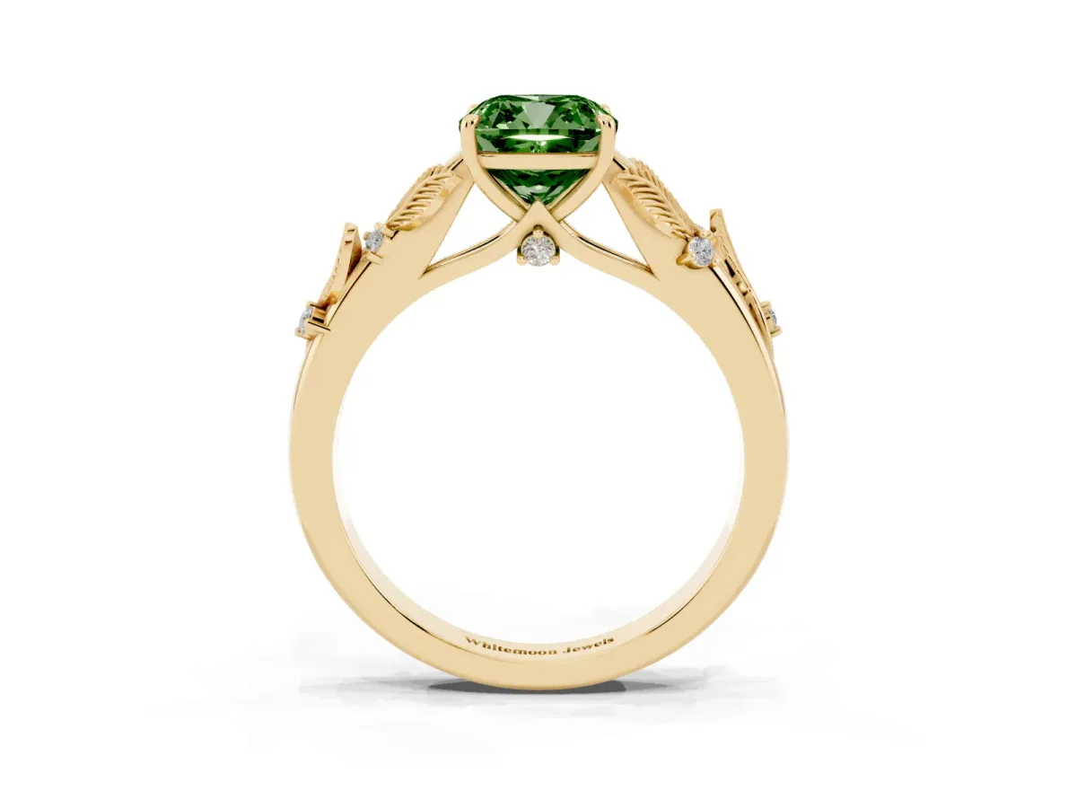 Fancy Green Cushion Cut Diamond Solitaire Ring with Leaf Motif Band and Four-Prong Setting Yellow gold