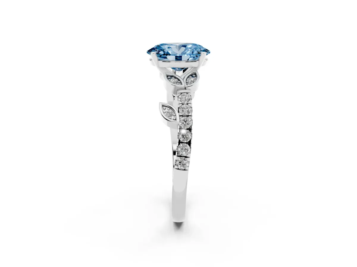 Fancy Blue Oval Cut Solitaire Leaf-Inspired Diamond Ring with Pavé Band and Four-Prong Setting Silver