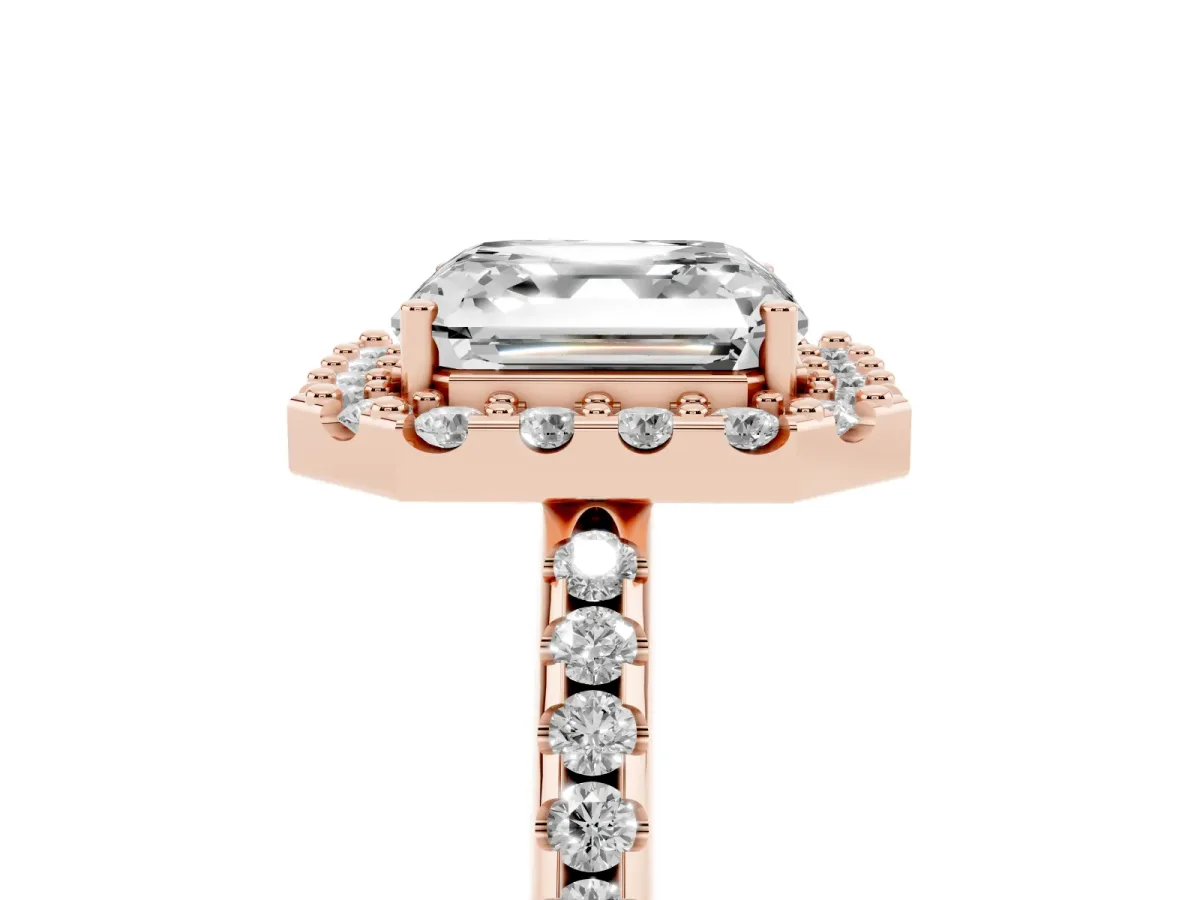 Asscher Cut Diamond Pavé Halo Ring with Four-Prong Setting Rose gold