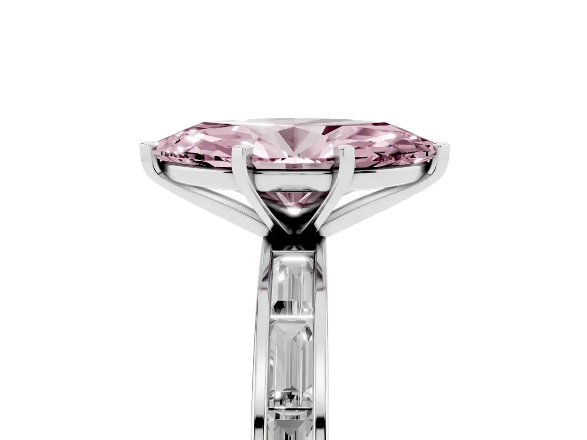 Fancy Pink Marquise Cut Solitaire Diamond Ring with Channel-Set Baguette Band and Four-Prong Setting Silver