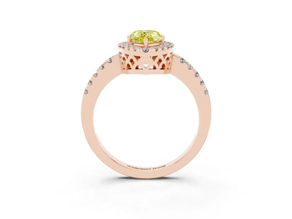 Fancy Yellow Pear Cut Halo Diamond Engagement Ring with Pavé Band and Four-Prong Setting Rose gold
