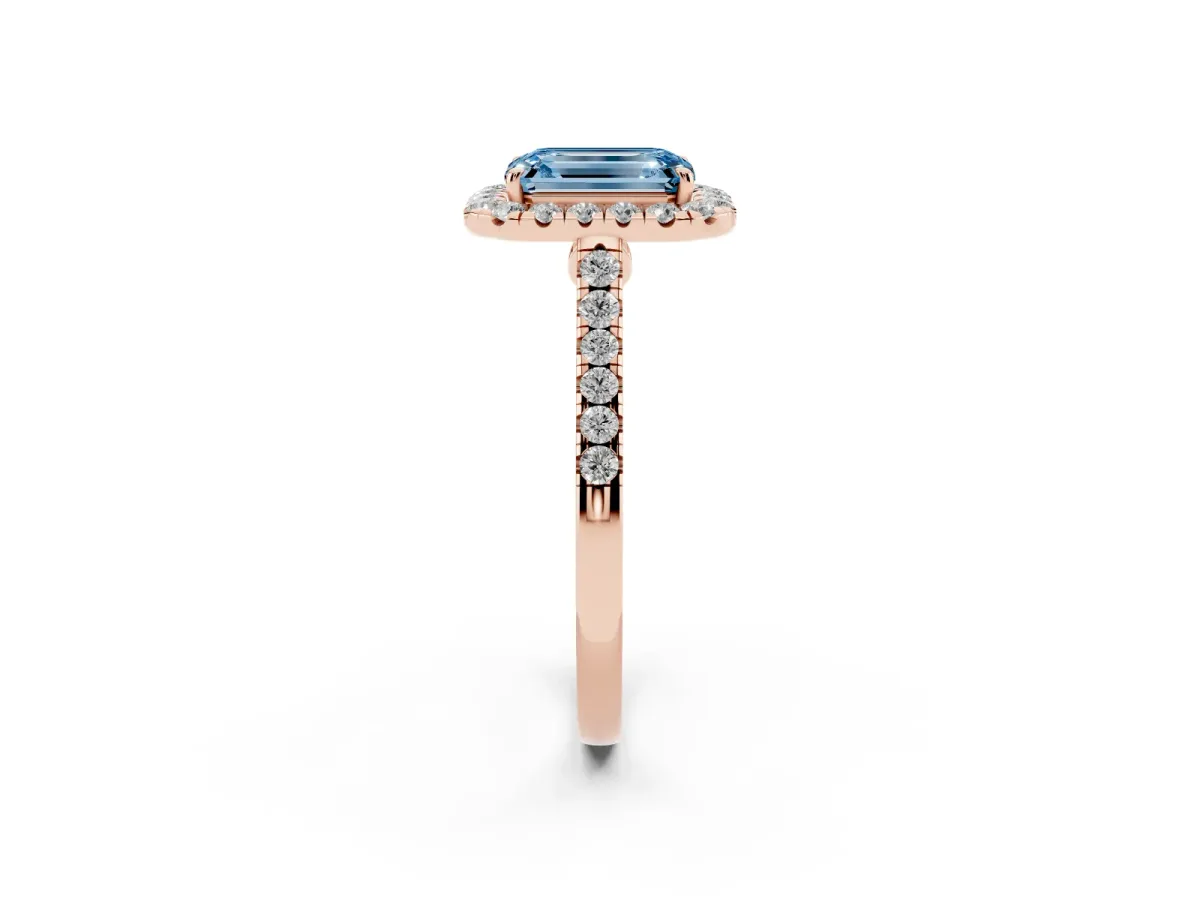 Fancy Blue Emerald Cut Halo Pave Diamond Engagement Ring with Four-Prong Setting Rose gold