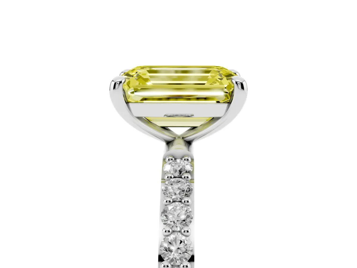 Fancy Yellow Emerald Cut Diamond Solitaire Ring with Round Pavé Band and Prong Setting Silver