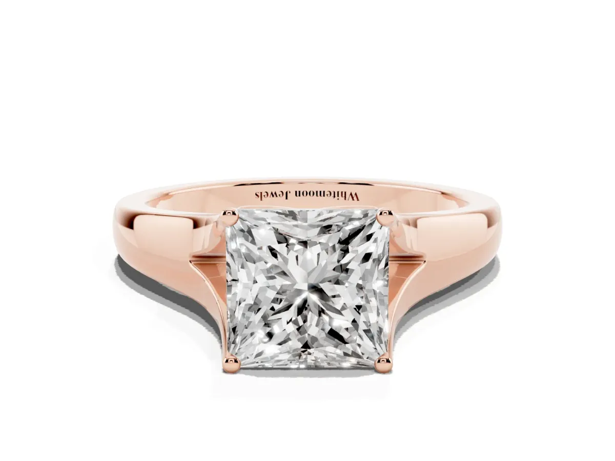 Princess Cut Solitaire Diamond Ring with Cathedral Band and Four-Prong Setting Rose gold