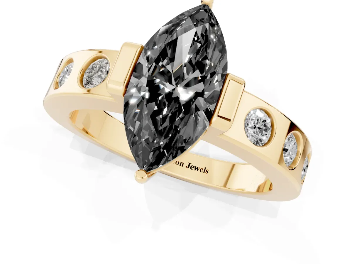 Fancy Black Marquise Cut Brilliant Channel-Set Diamond Ring with Bezel Prong Setting Yellow gold