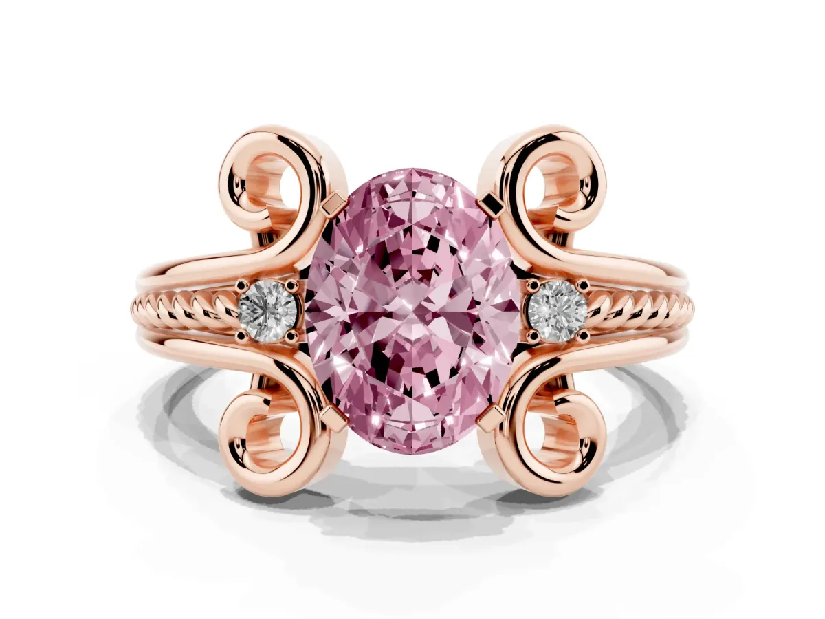 Fancy Pink Oval Cut Solitaire Twisted Band Scroll Prong Ring Rose gold