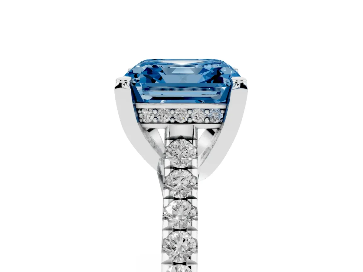 Fancy Blue Asscher Cut Brilliant Diamond Solitaire with Pavé Band and Four-Prong Setting Silver