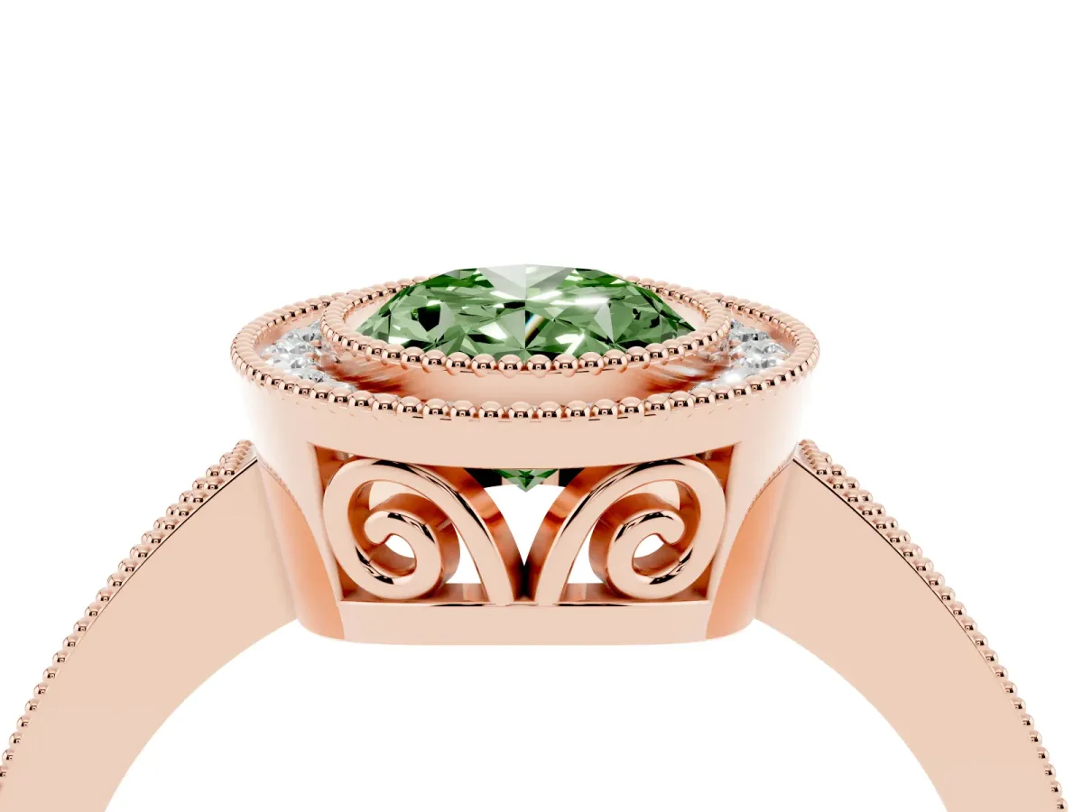 Fancy Green Oval Cut Cut Halo Diamond Ring with Pavé Band and Milgrain Prong Setting Rose gold