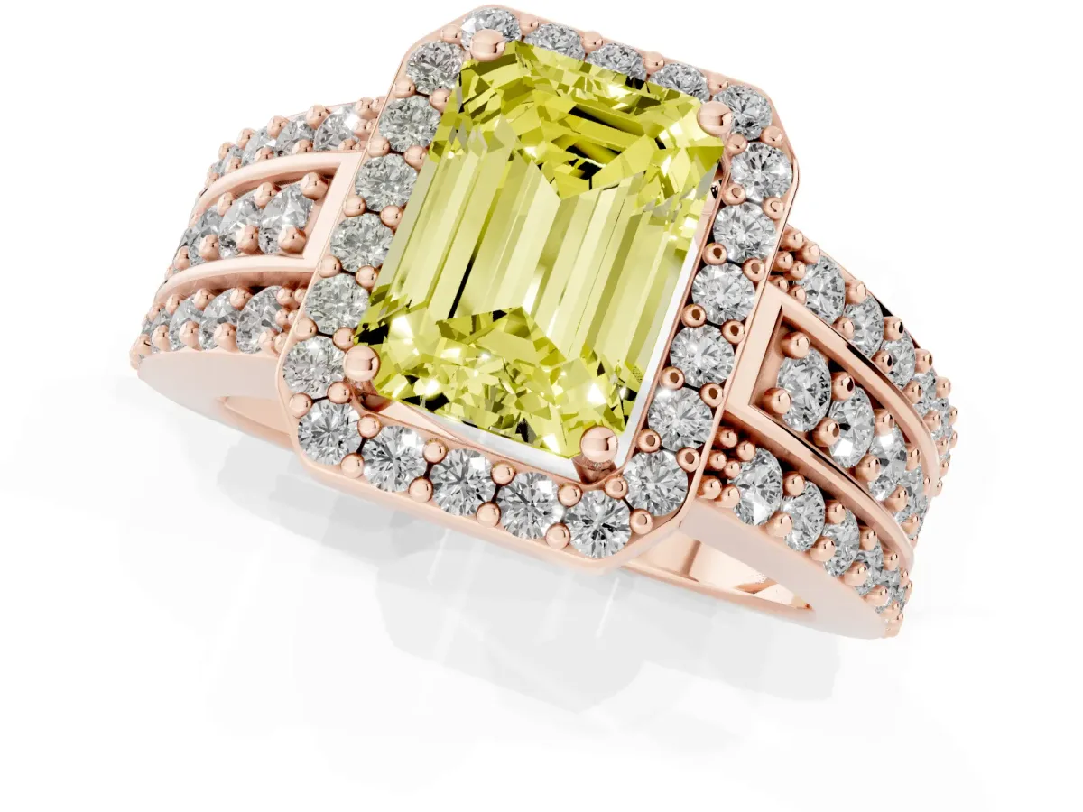 Fancy Yellow Emerald Cut Halo Diamond Ring with Round Split Shank and Prong Setting Rose gold