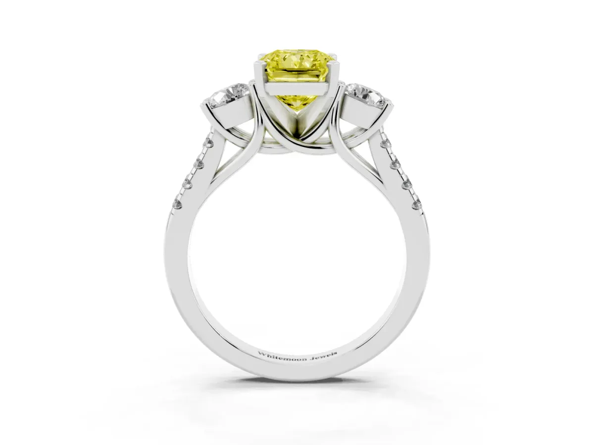 Fancy Yellow Three-Stone Radiant Cut Diamond Pavé Band with Four-Prong Setting Silver