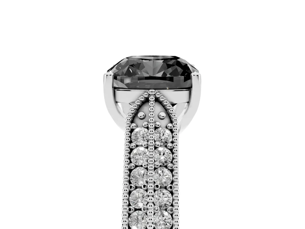 Fancy Black Cushion Cut Cut Pave Split Shank Engagement Ring with Four-Prong Setting White gold