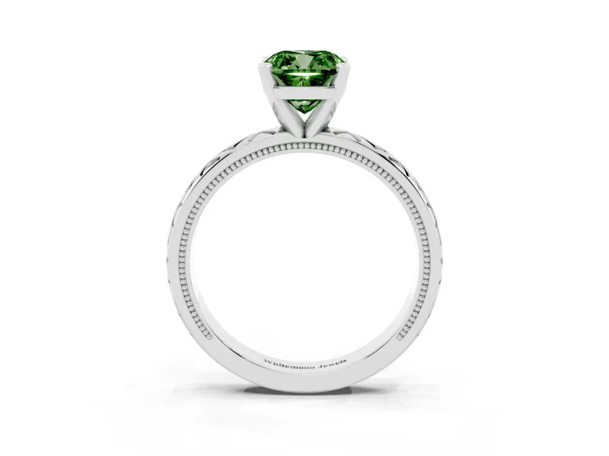 Fancy Green Cushion Cut Solitaire Diamond Ring with Milgrain and Black Enamel X Pattern Band Silver