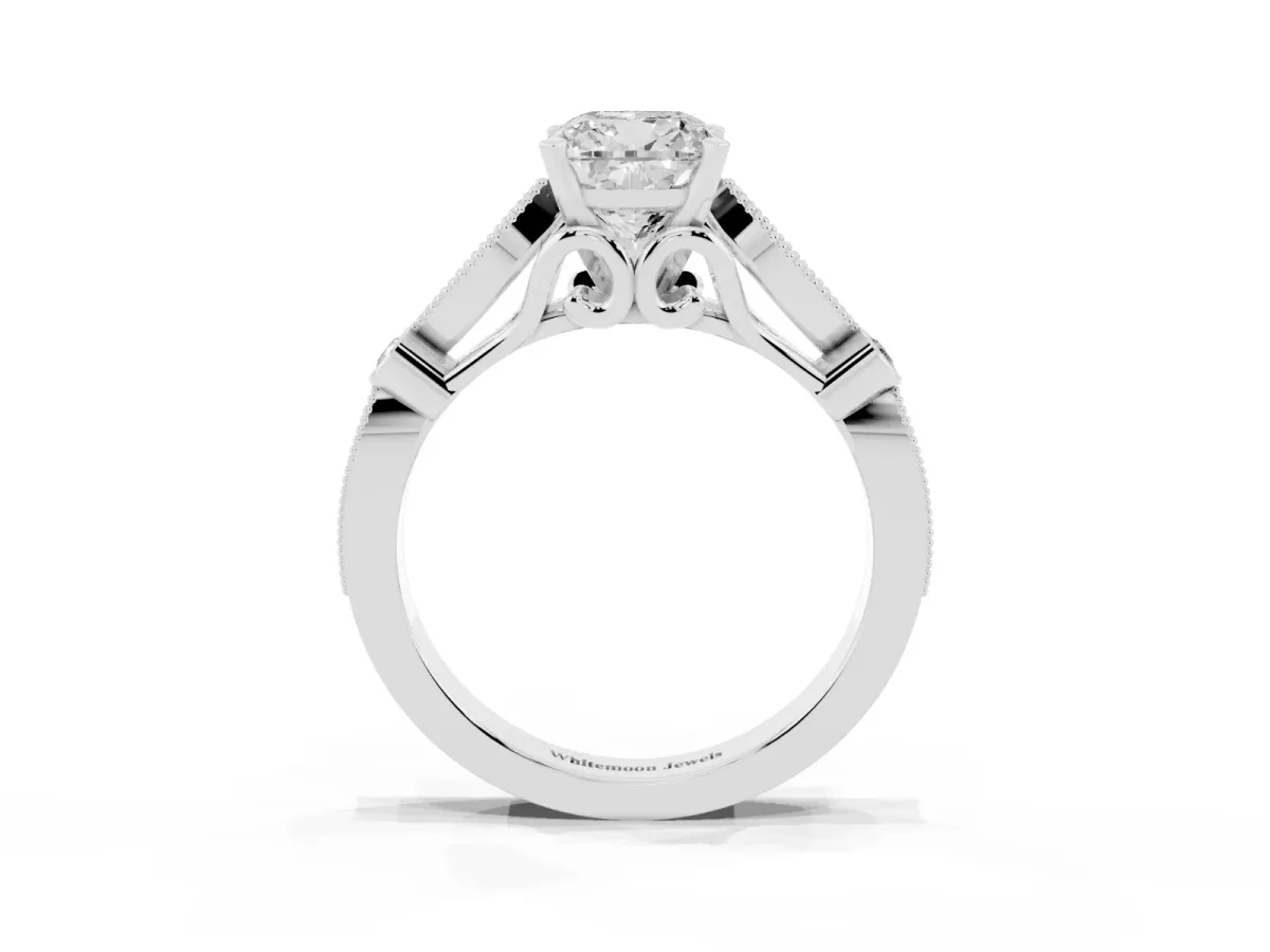 Cushion Cut Cut Diamond with Milgrain Marquise and Bezel Accents on a Solitaire Band with Prong Setting Platinum