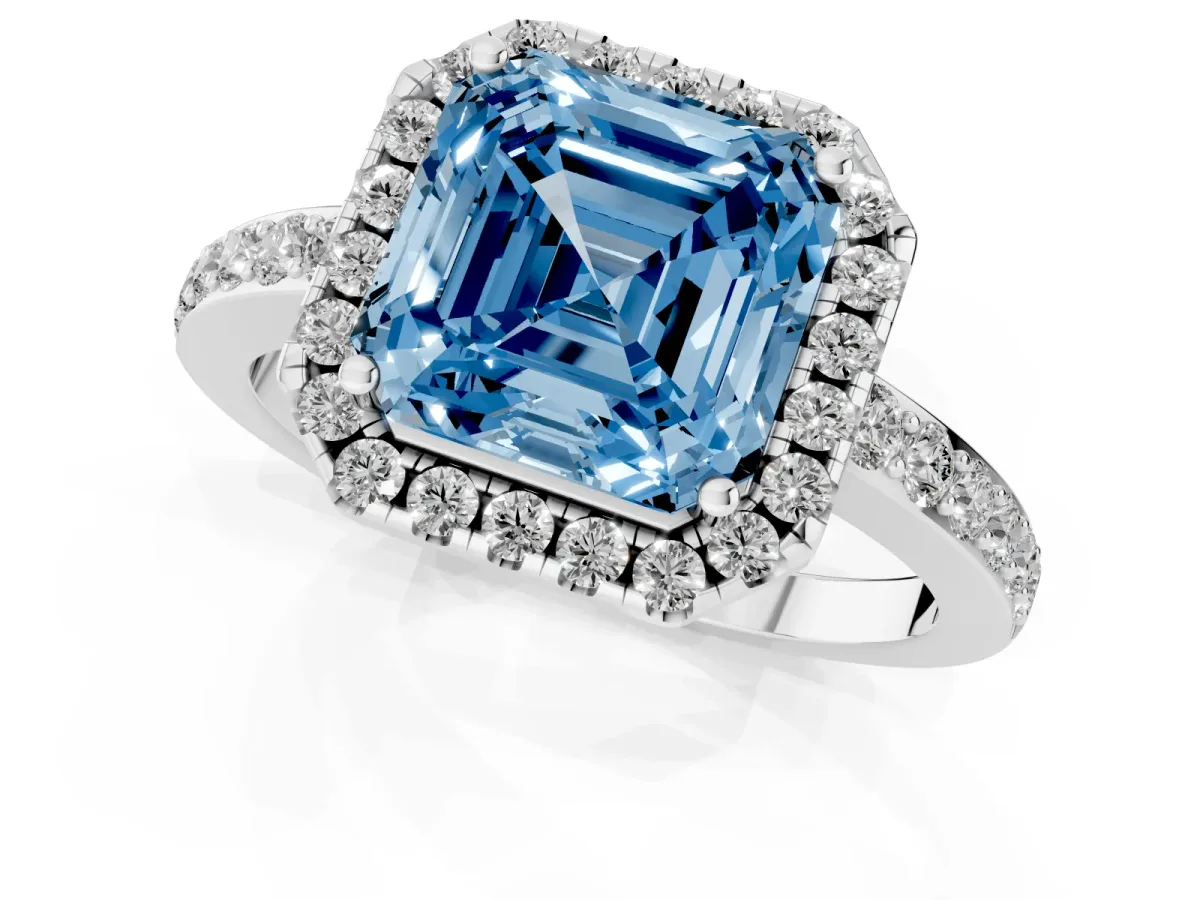 Fancy Blue Asscher Cut Halo Diamond Pavé Band Ring with Prong Setting Silver