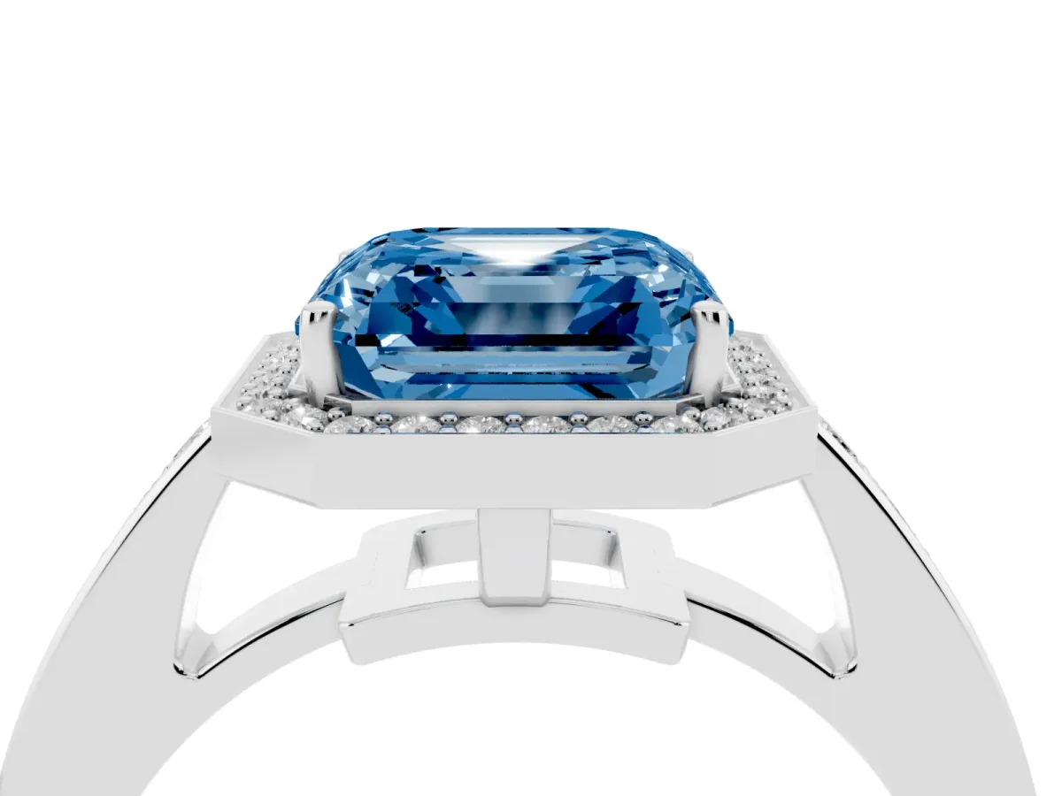 Fancy Blue Asscher Cut Halo Pavé Diamond Engagement Ring with Bezel Setting Platinum
