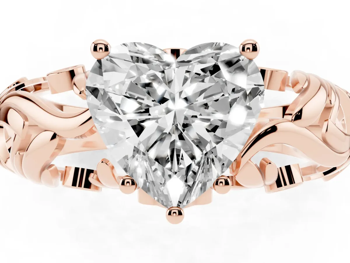 Heart Cut Solitaire Diamond Leaf-Inspired Vine Band Ring with Prong Setting Rose gold