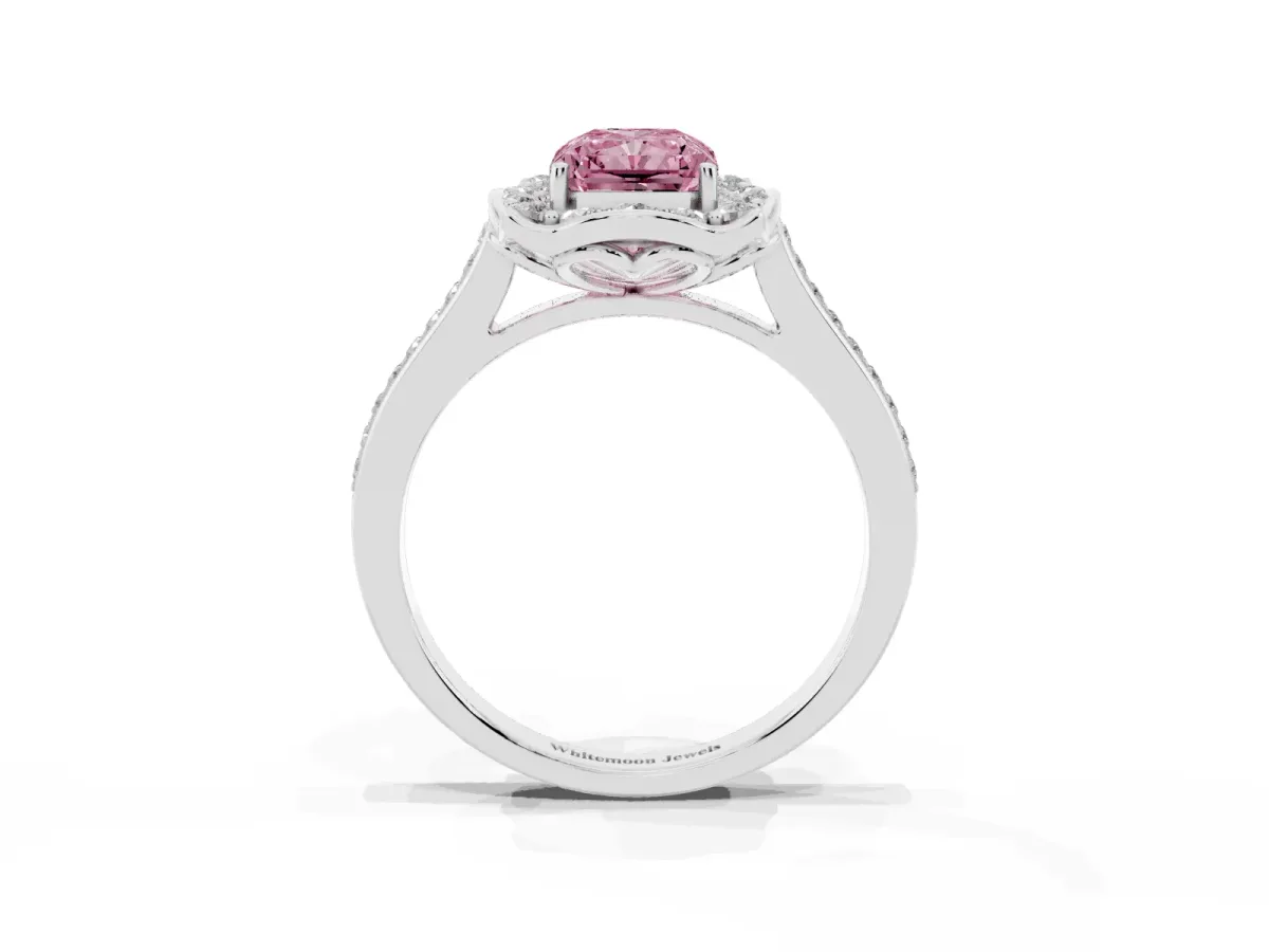 Fancy Pink Radiant Cut Halo Round Diamond Pave Band with Four-Prong Setting Platinum