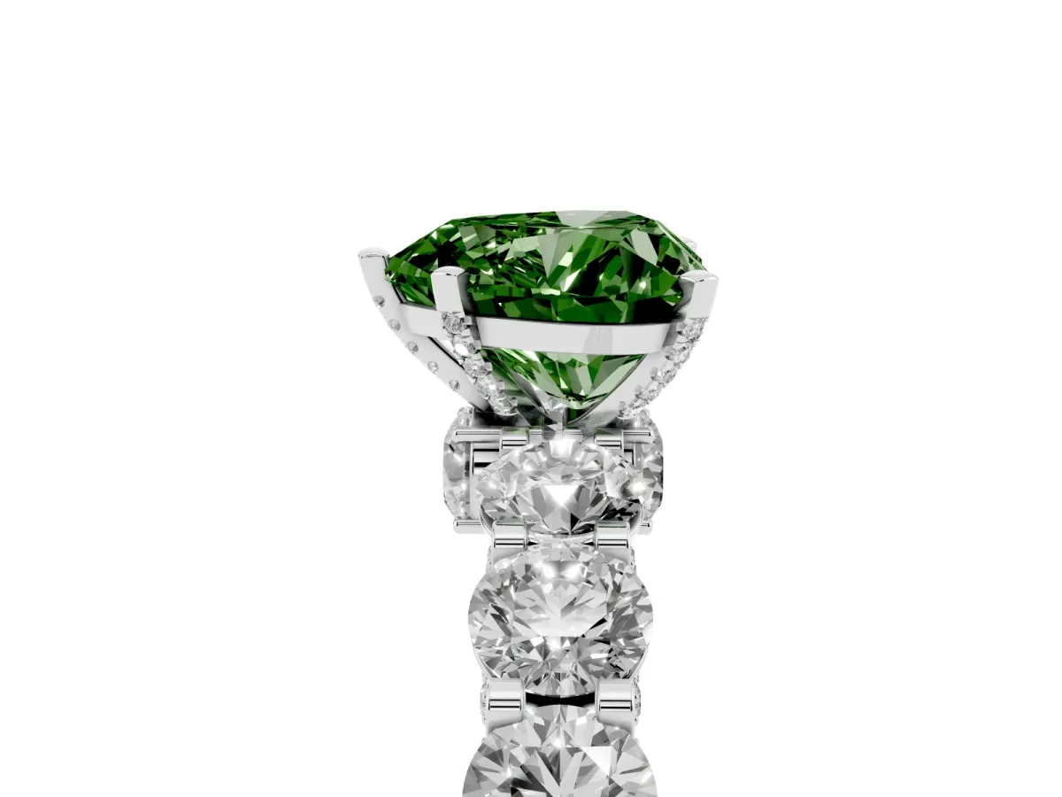 Fancy Green Heart Cut Diamond Side Stone Engagement Ring with Four-Prong Setting Silver