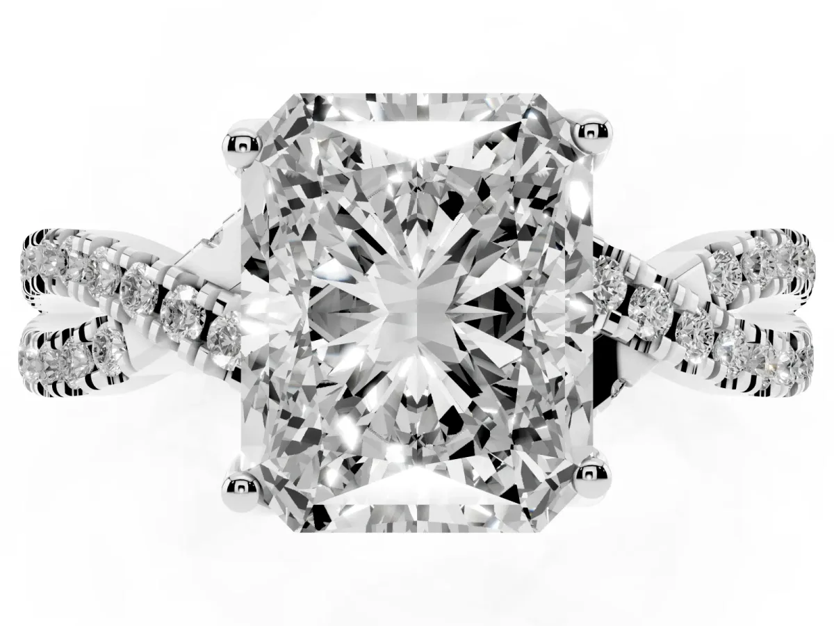 Radiant Cut Solitaire Twist Pave Diamond Engagement Ring with Prong Setting Silver
