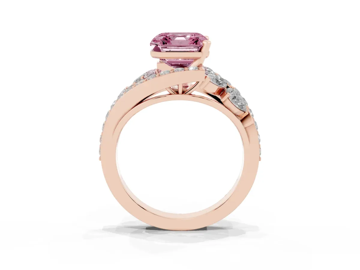 Fancy Pink Asscher Cut Diamond Halo Ring with Marquise and Pavé Band in Prong Setting Rose gold