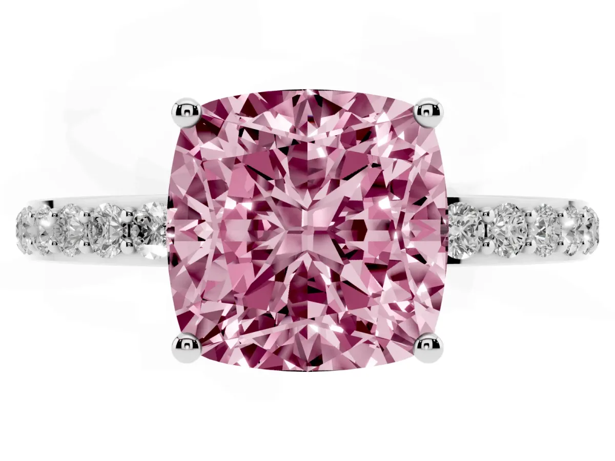 Fancy Pink Cushion Cut Diamond Solitaire Ring with Pavé Band and Hidden Halo White gold
