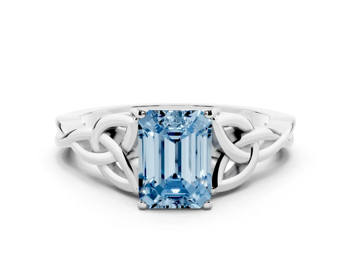 Fancy Blue Emerald Cut Diamond Solitaire Engagement Ring with Celtic Knot Band and Four-Prong Setting Platinum