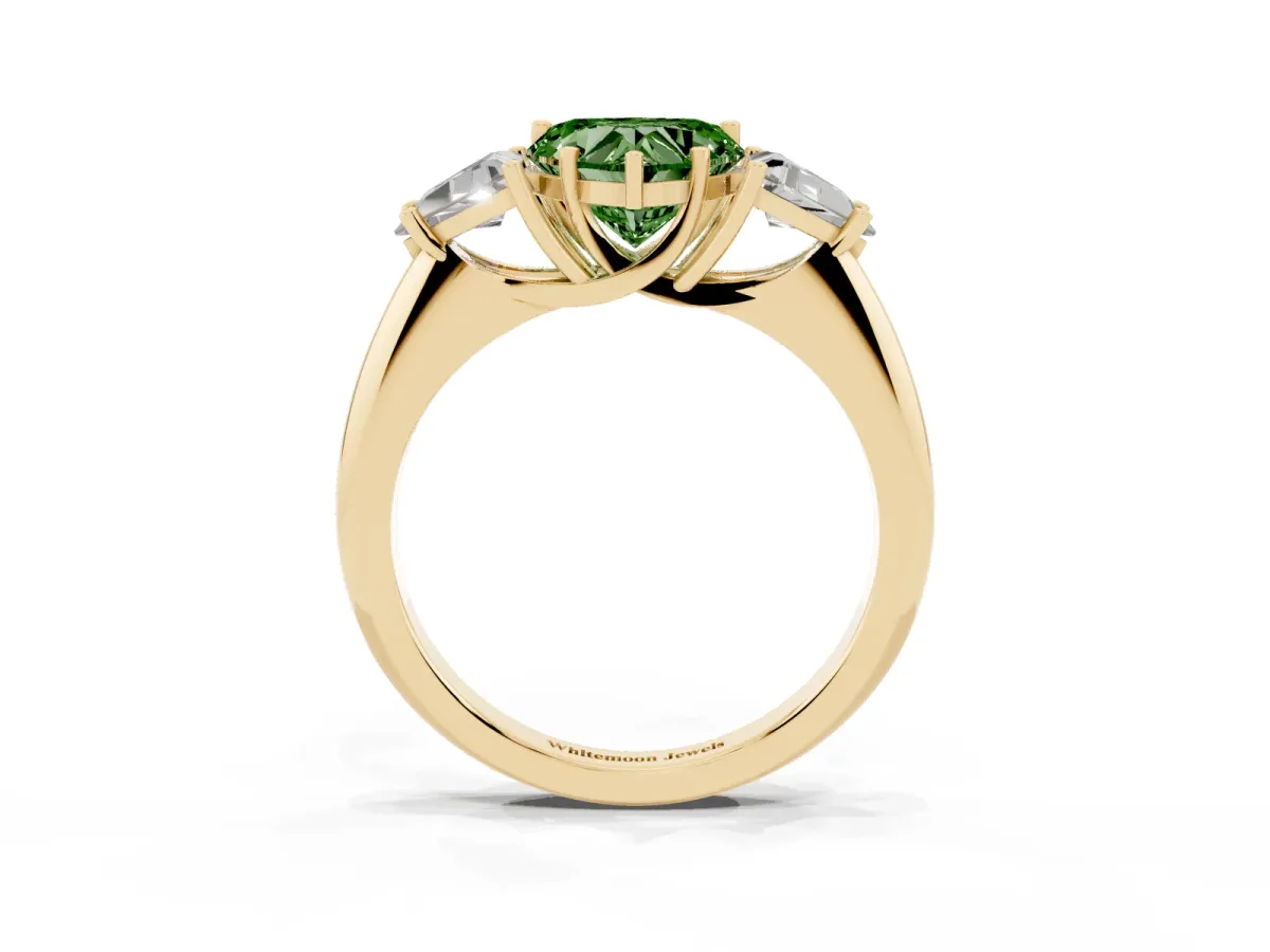 Fancy Green Three-Stone Heart Cut Diamond Engagement Ring with Trillion Side Stones and Prong Setting Yellow gold