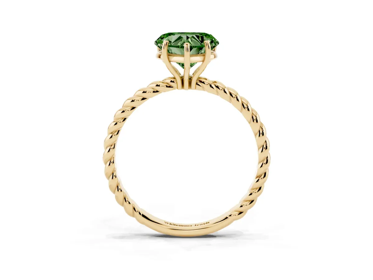 Fancy Green Heart Cut Solitaire Twist Band Ring with Four-Prong Setting Yellow gold