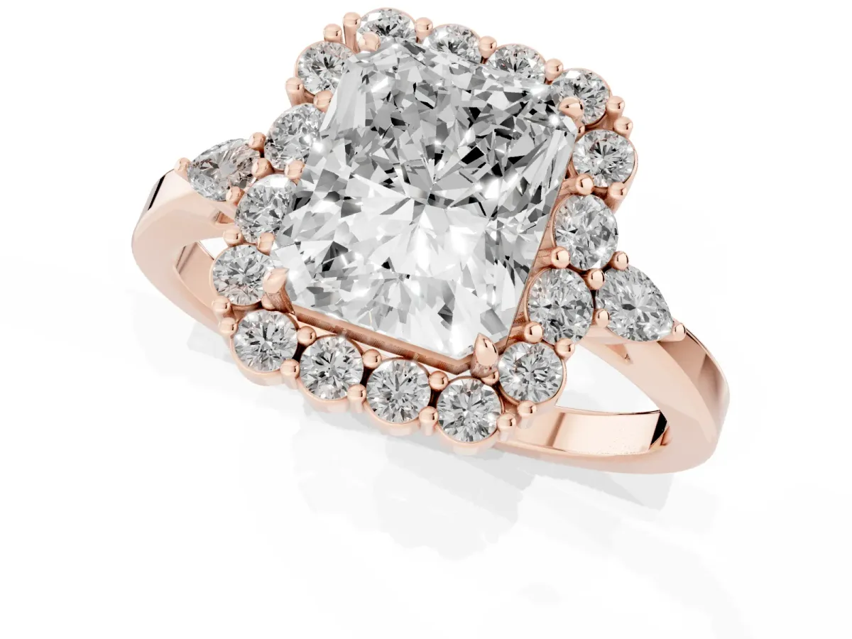 Radiant Cut Diamond Halo Ring with Pear Side Stones and Prong Setting Rose gold