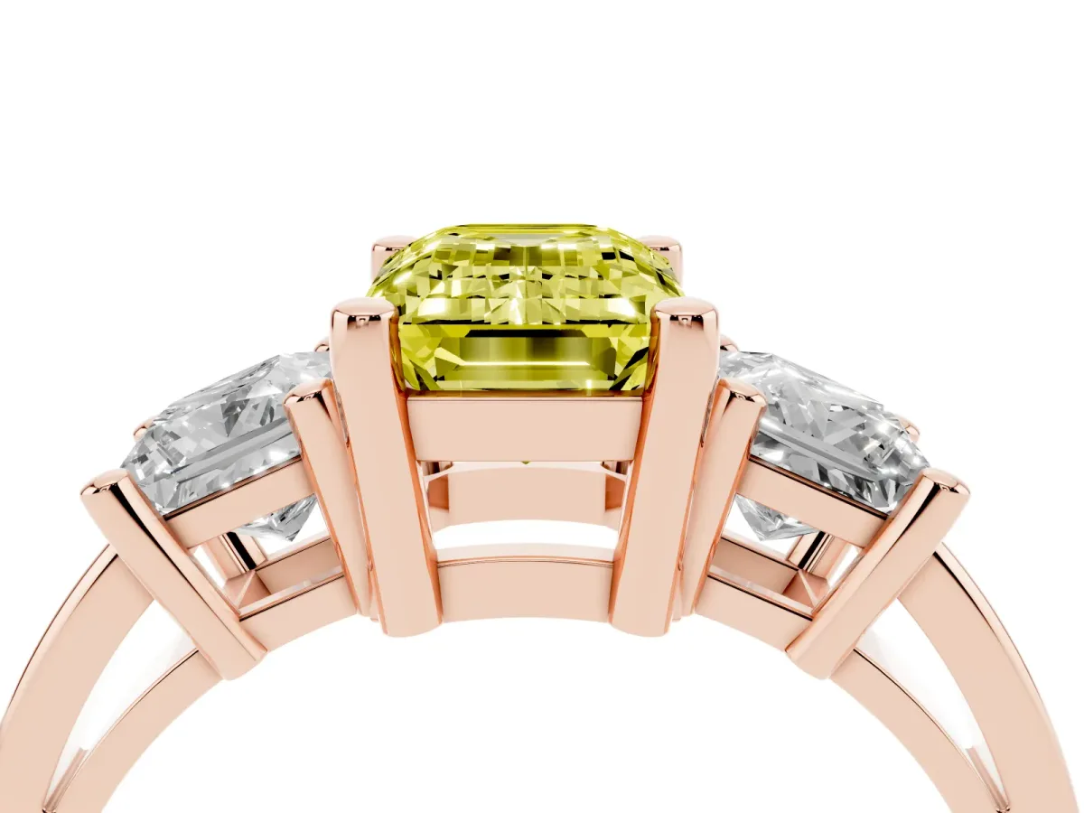 Fancy Yellow Three-Stone Emerald Cut Cut Solitaire Ring with Prong Setting Rose gold