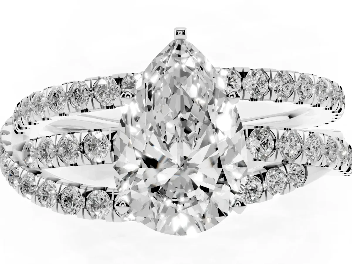 Pear Cut Solitaire Twist Band with Pavé Setting and Four-Prong Setting Platinum
