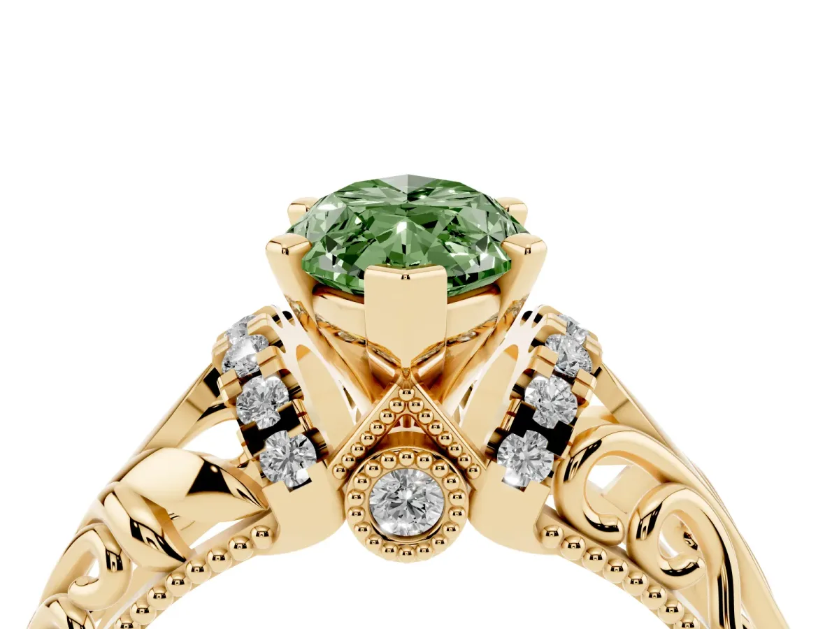 Fancy Green Marquise Cut Solitaire Filigree Engagement Ring with Halo and Prong Setting Yellow gold