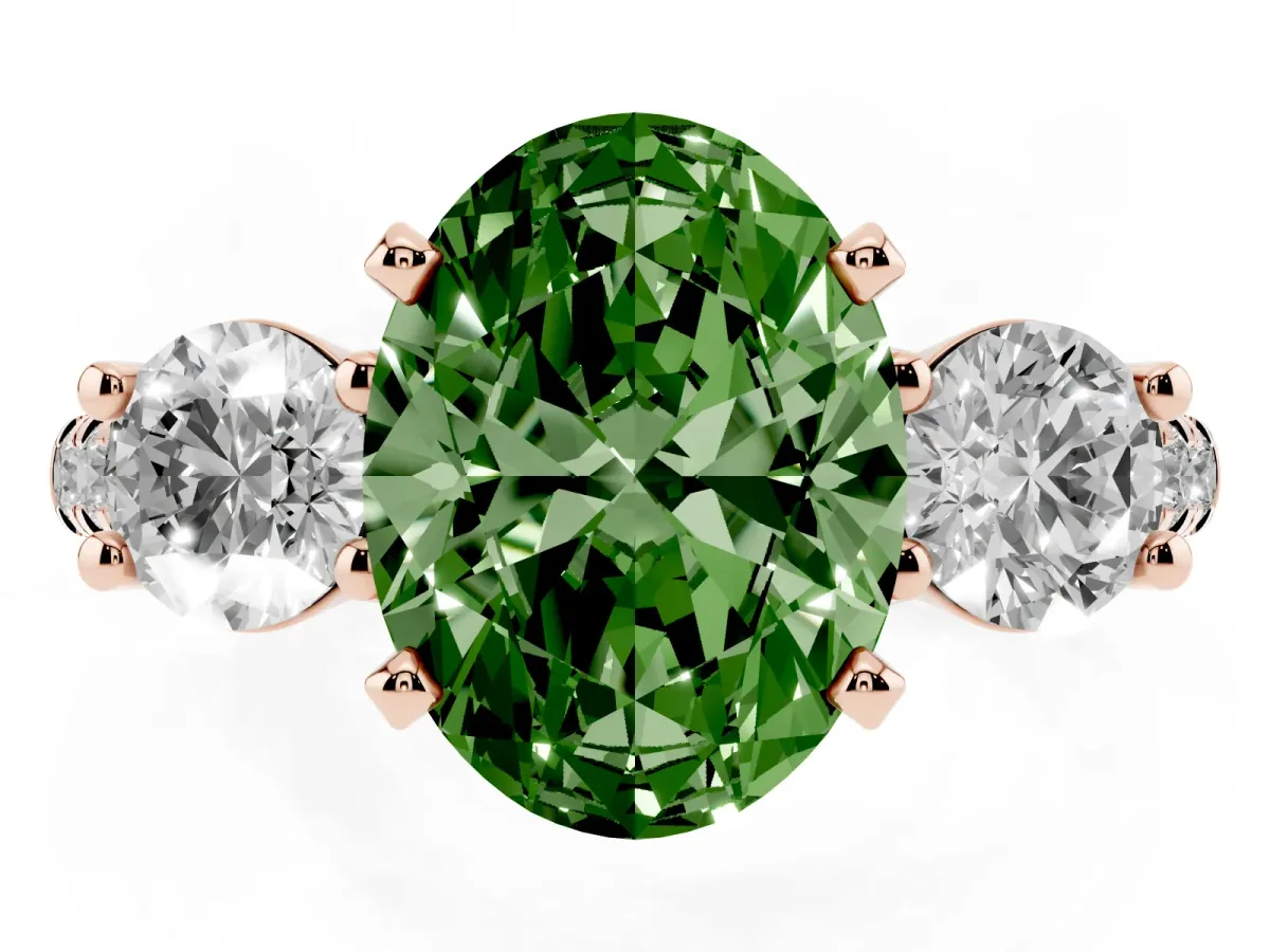 Fancy Green Three-Stone Oval Cut Diamond Pavé Band with Four-Prong Setting Rose gold