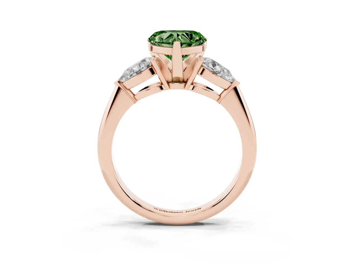 Fancy Green Three-Stone Heart Cut Diamond Ring with Pear Side Stones and Four-Prong Setting Rose gold