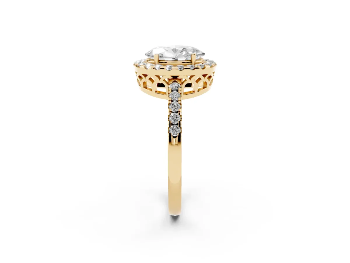 Oval Cut Halo Diamond Engagement Ring with Pavé Band and Four-Prong Setting Yellow gold