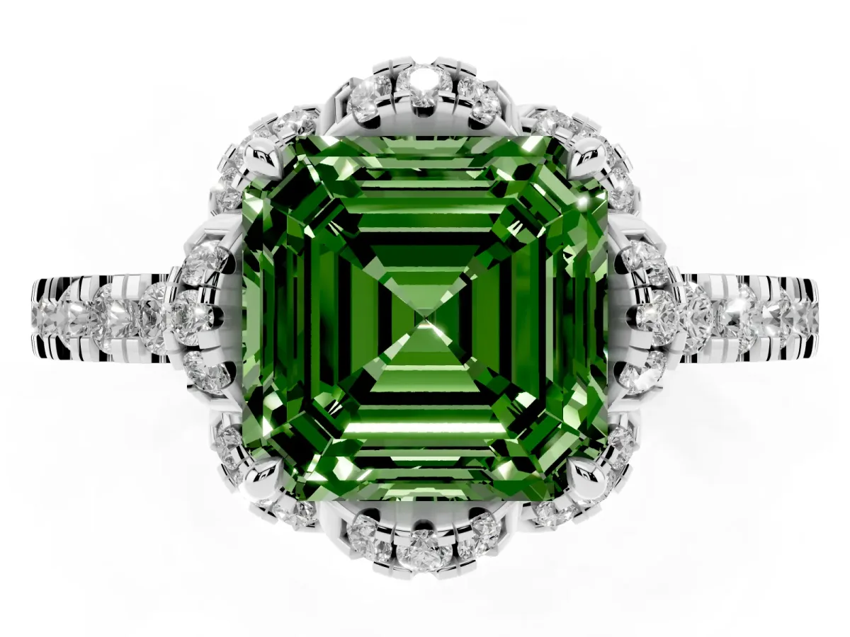 Fancy Green Asscher Cut Halo Diamond Pave Band Ring with Four-Prong Setting Silver