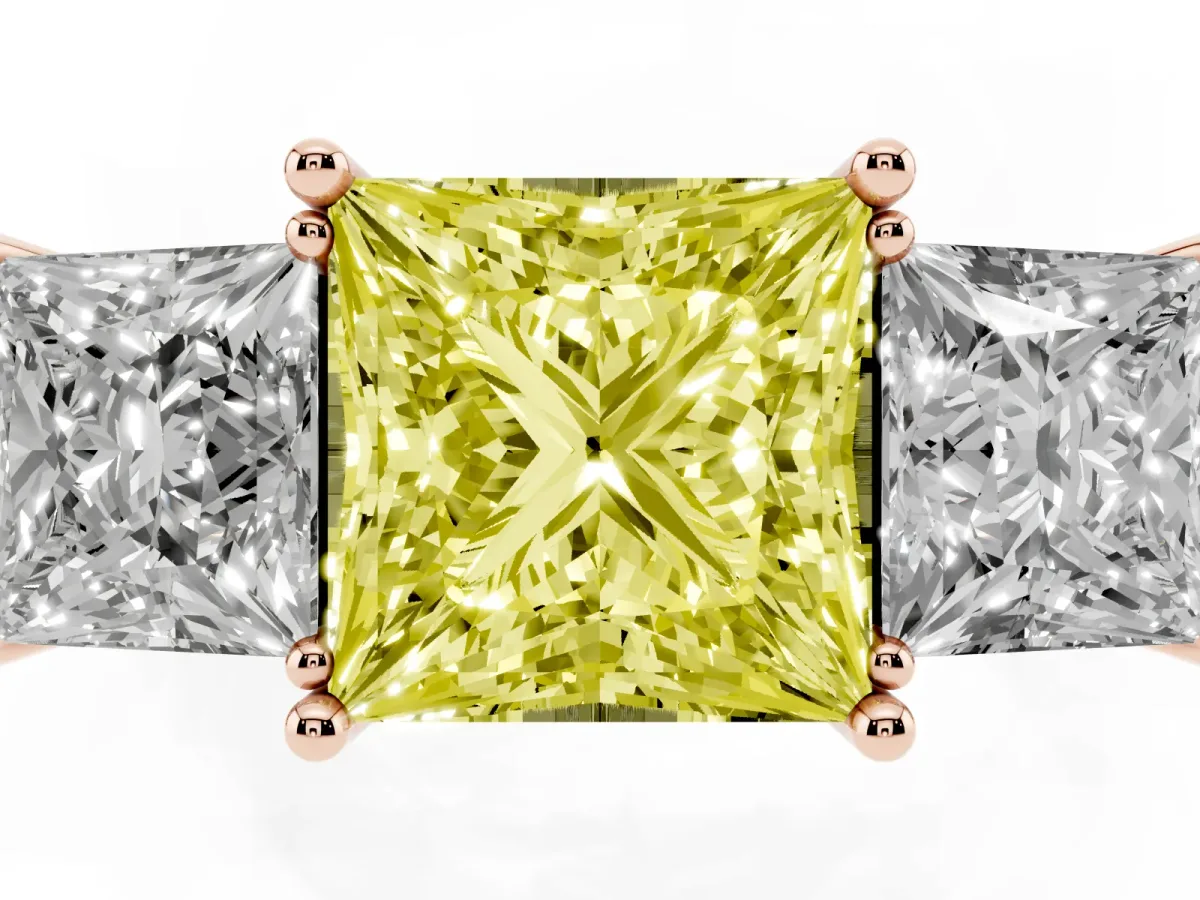 Fancy Yellow Three-Stone Princess Cut Cut Diamond Engagement Ring with Prong Setting on a White Gold Band Rose gold