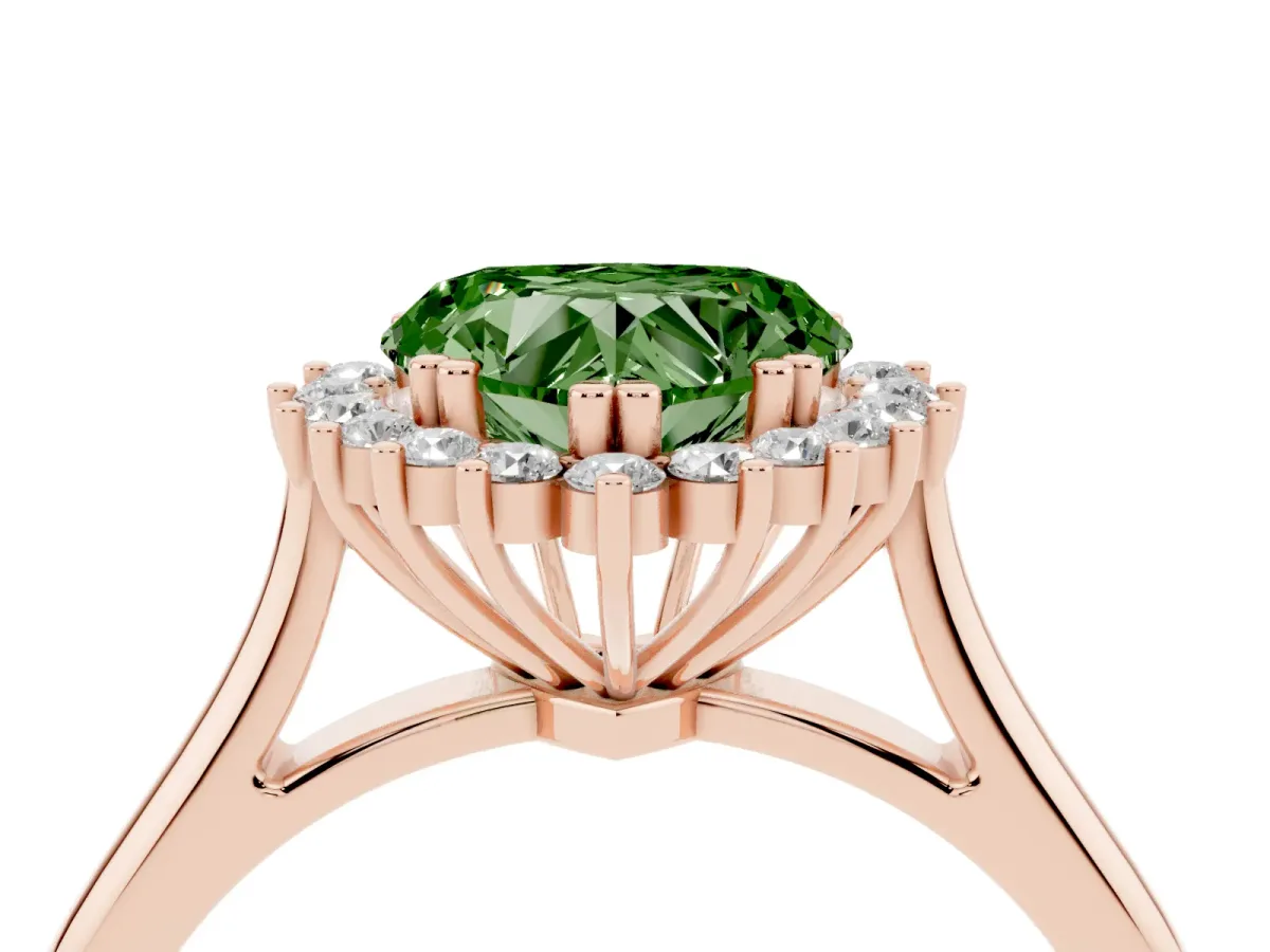 Fancy Green Heart Cut Cut Diamond Halo Ring with Solitaire Band and Prong Setting Rose gold
