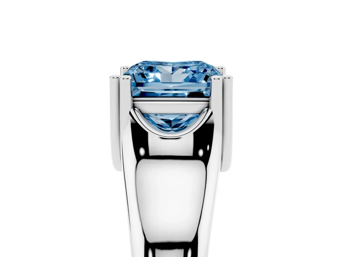 Fancy Blue Princess Cut Diamond Solitaire Ring with Wide Band and Prong Setting Platinum