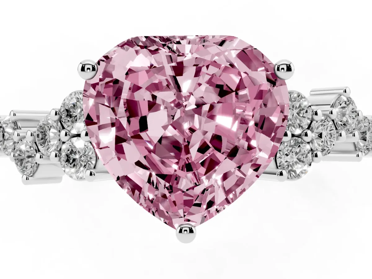 Fancy Pink Heart Cut Diamond Scattered Round Accent Ring with Prong Setting White gold