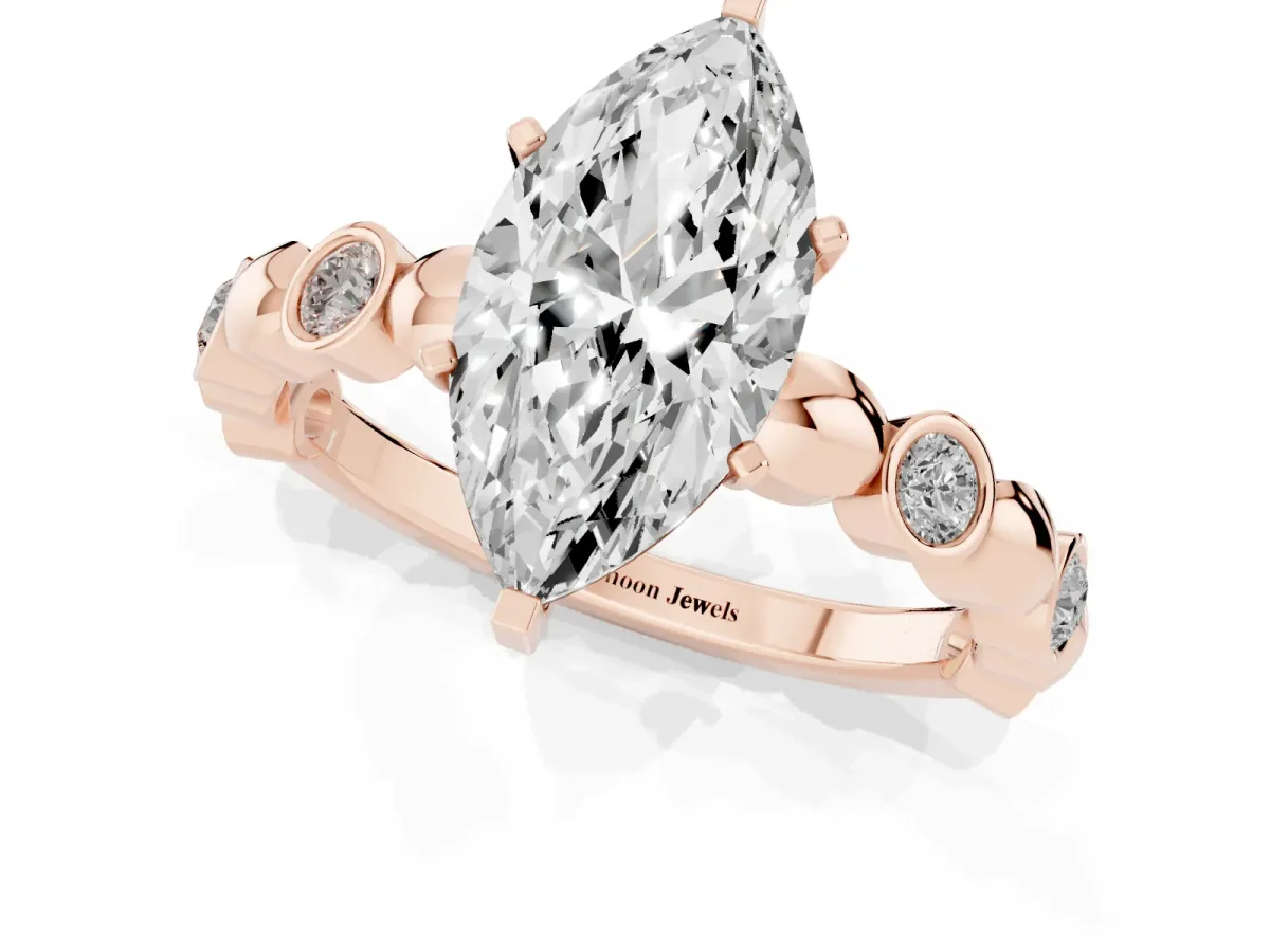 Marquise Cut Solitaire Bezel-Set Diamond Ring with Beaded Band and Four-Prong Setting Rose gold