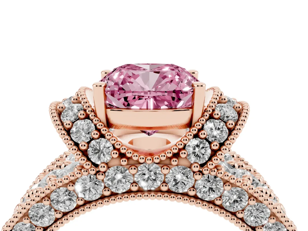 Fancy Pink Cushion Cut Halo Pave Diamond Engagement Ring with Milgrain Detailing Rose gold
