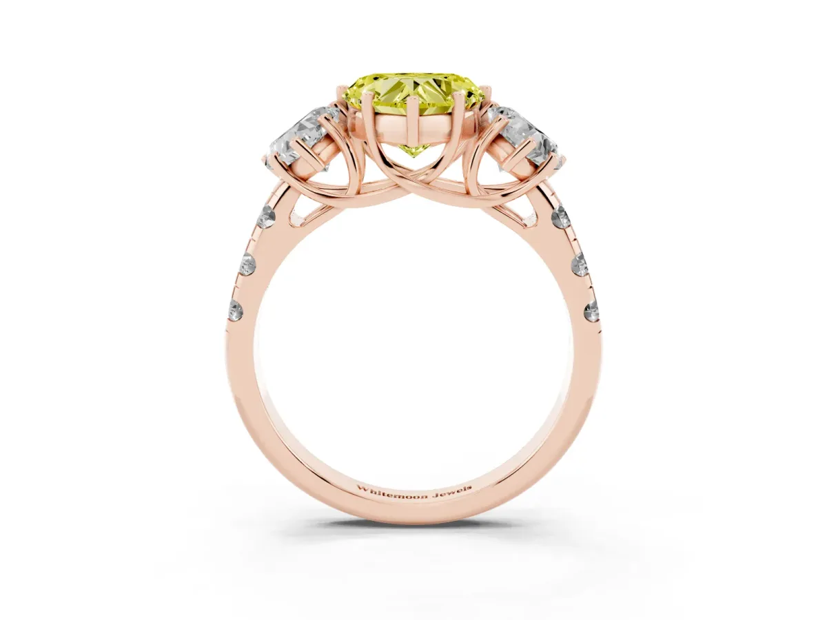 Fancy Yellow Three-Stone Heart Cut Diamond Pavé Band with Prong Setting Rose gold