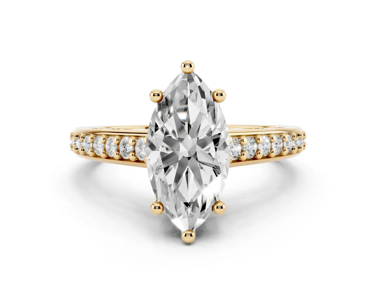 Marquise Cut Solitaire Prong Set Diamond Engagement Ring with Pave Band Yellow gold