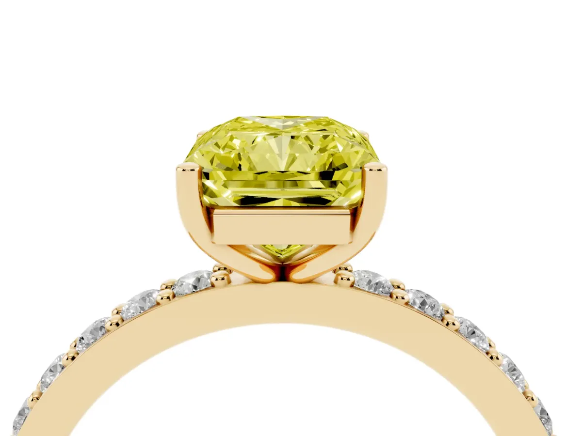 Fancy Yellow Radiant Cut Cut Diamond Solitaire with Pave Band and Four-Prong Setting Yellow gold