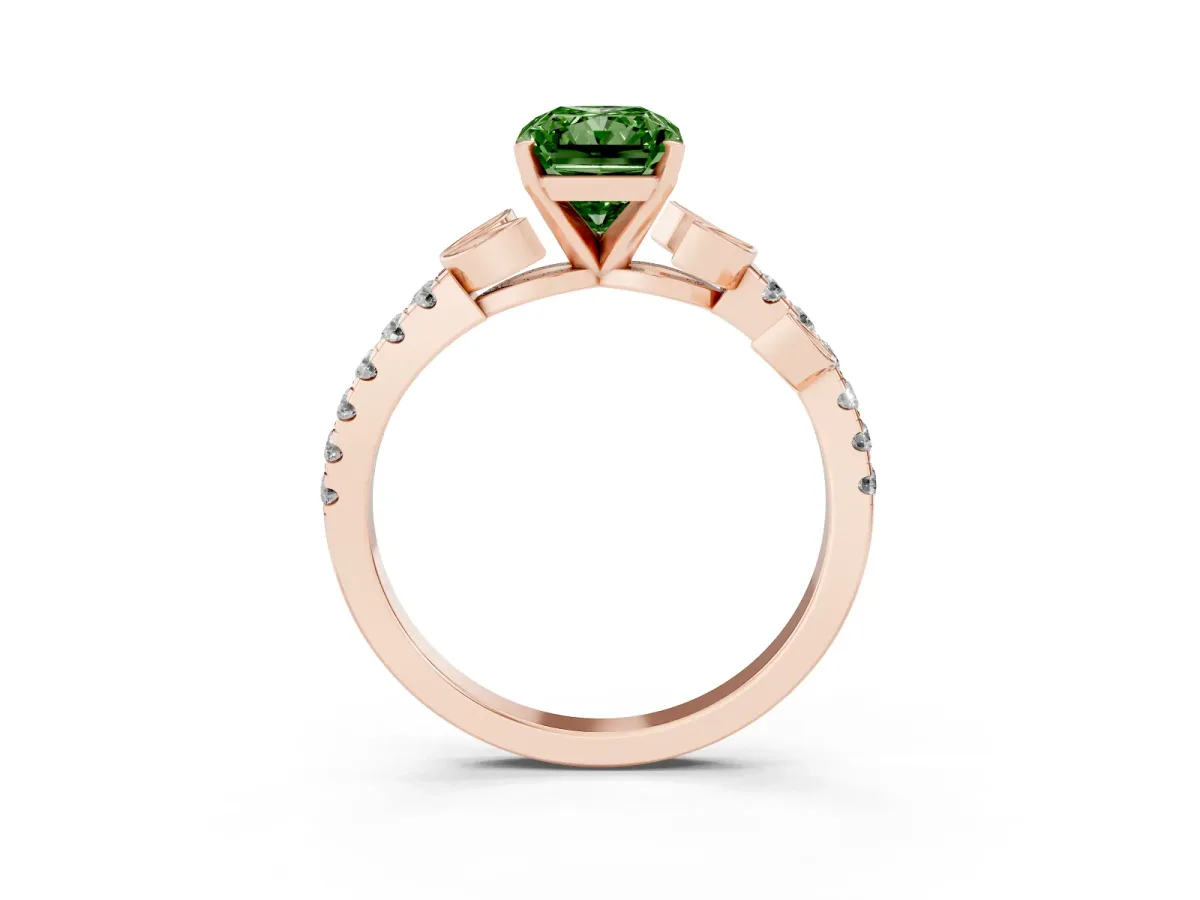 Fancy Green Radiant Cut Solitaire Leaf-Inspired Diamond Ring with Pavé Band and Four-Prong Setting Rose gold