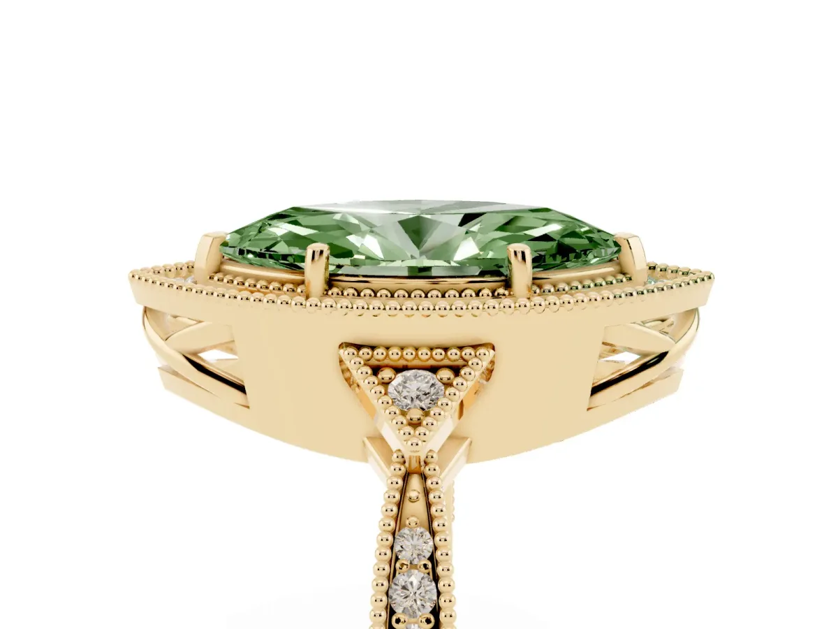 Fancy Green Marquise Cut Halo Round Diamond Milgrain Pave Engagement Ring Yellow gold
